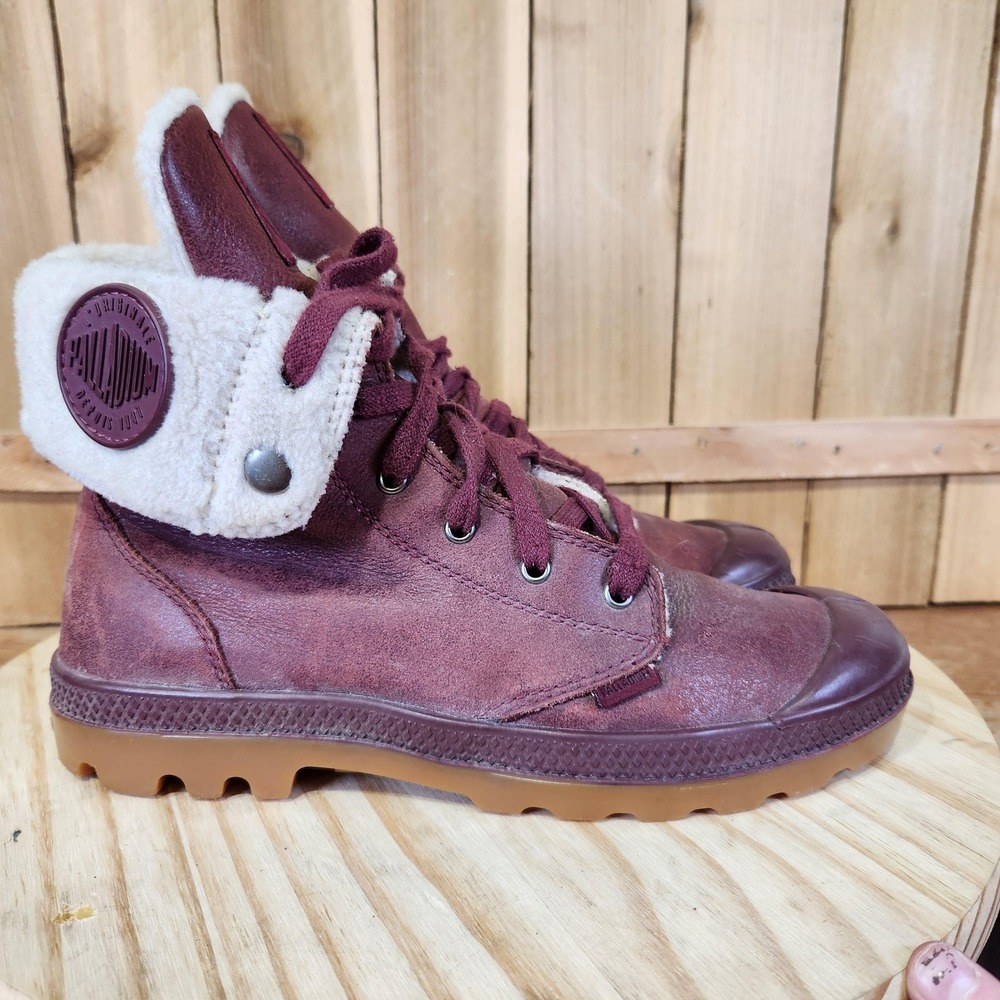 Palladium Burgundy Leather Shearling-Trim Foldable Ankle Boots